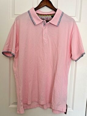 Robert Graham Solid Pink Polo Shirt With Blue Lined Sleeves and Collar | Size XL